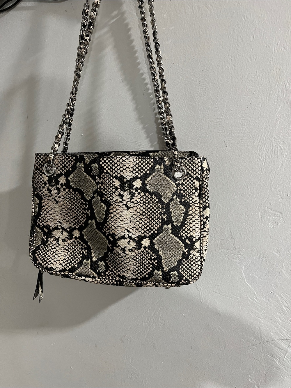 Snake Print Chain Shoulder Bag in Black & Cream